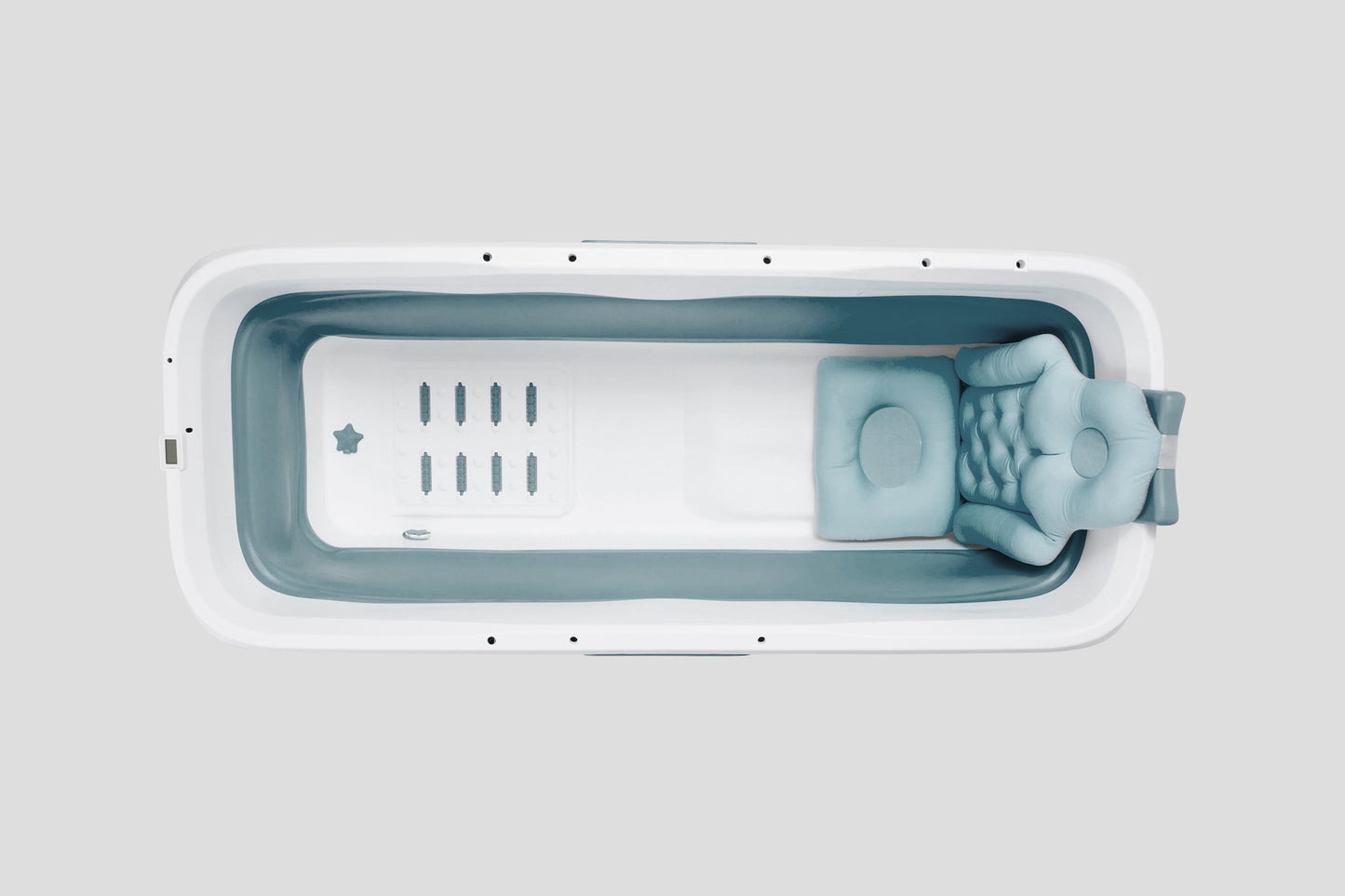 Foldebadekar til voksne med låg, digital termometer og fodmassage - 150cm/Blå XL. Bonus! 150 cm luksusslange, blå badepude samt ekstra prop inkl. Værdi kr. 648,-.