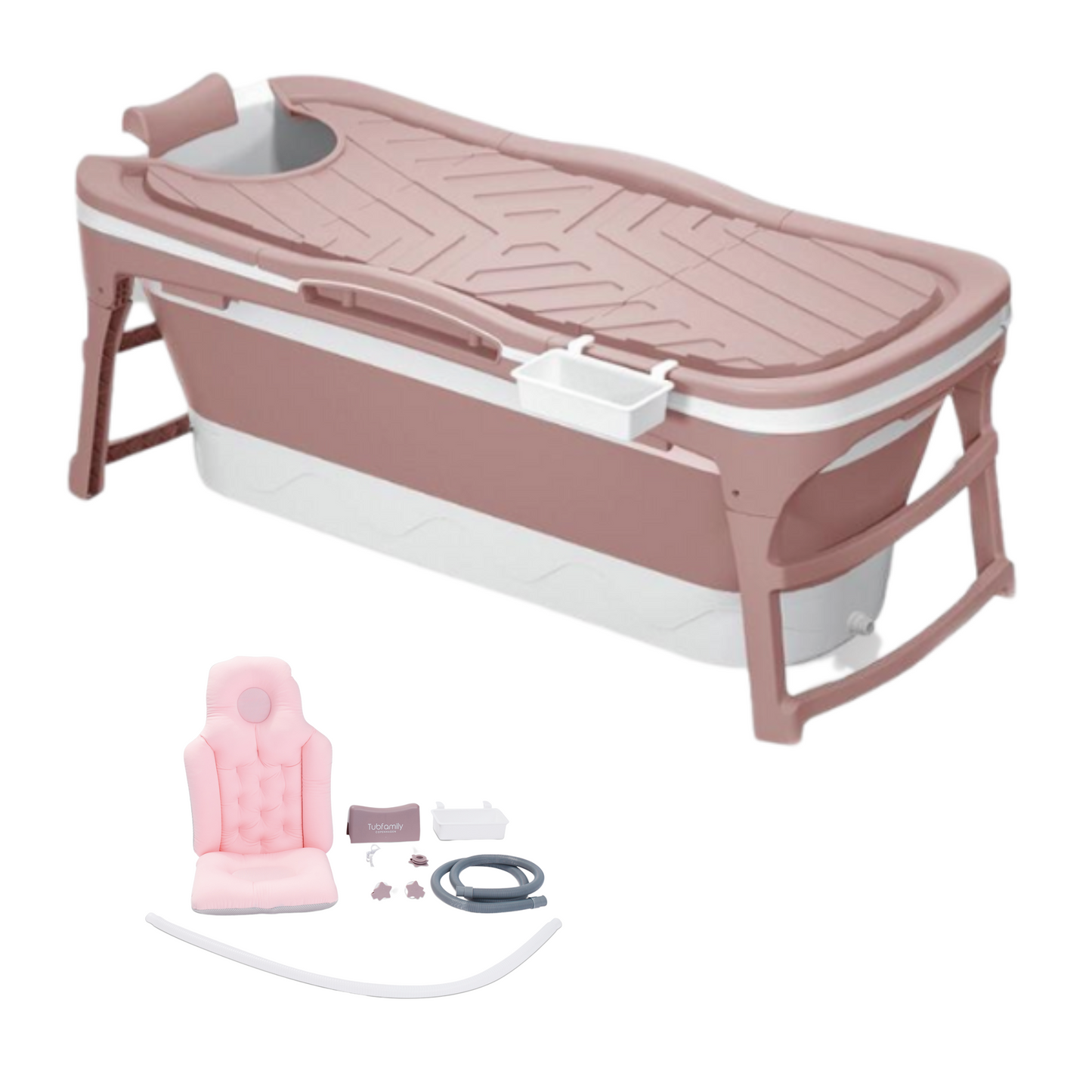 Foldebadekar til voksne - Med låg - 143cm/rosa - Ekstra 300 cm. slange, rosa badepude samt ekstra prop inkl. Værdi kr. 698,-.
