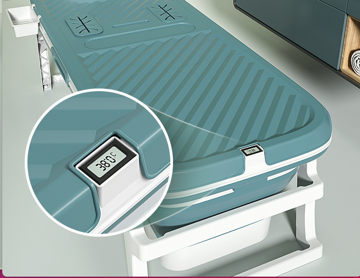 Foldebadekar til voksne med låg, digital termometer og fodmassage - 150cm/Blå XL