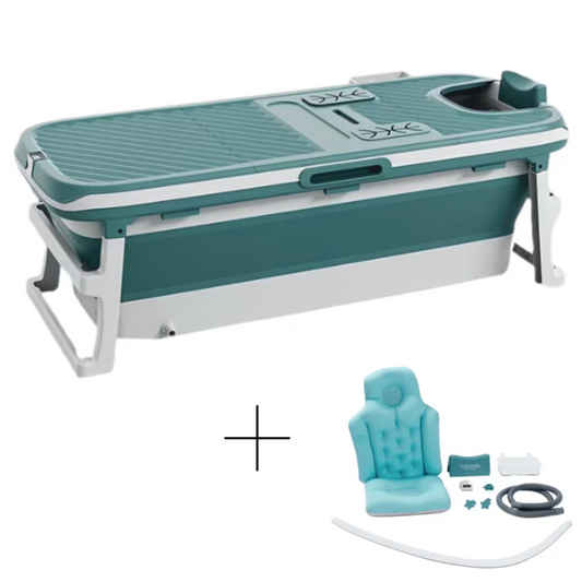 Foldbart badekar til voksne med låg, digital termometer og fodmassage - 150cm/Blå XL. Bonus! 300 cm luksusslange, blå badepude samt ekstra prop inkl.
