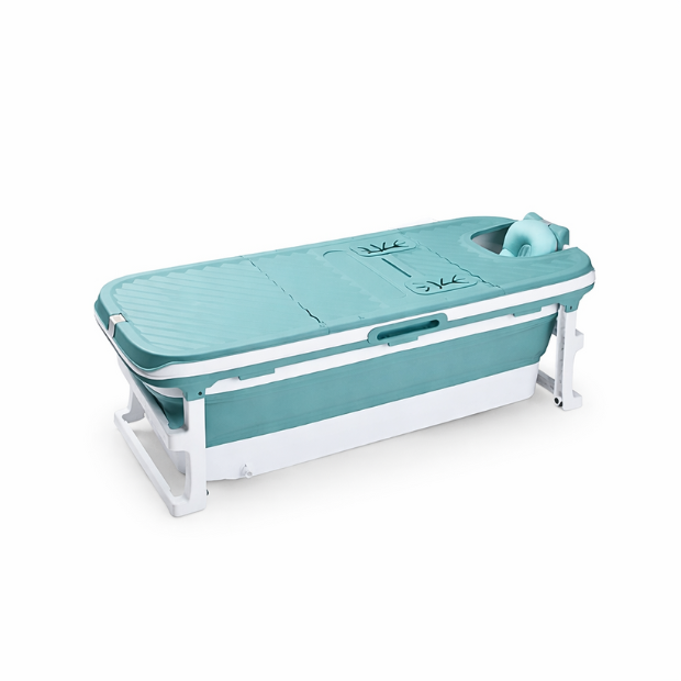 Foldebadekar til voksne med låg, digital termometer og fodmassage - 150cm/blå XL - Bonus tilbehør medfølger. Værdi kr. 795,-.