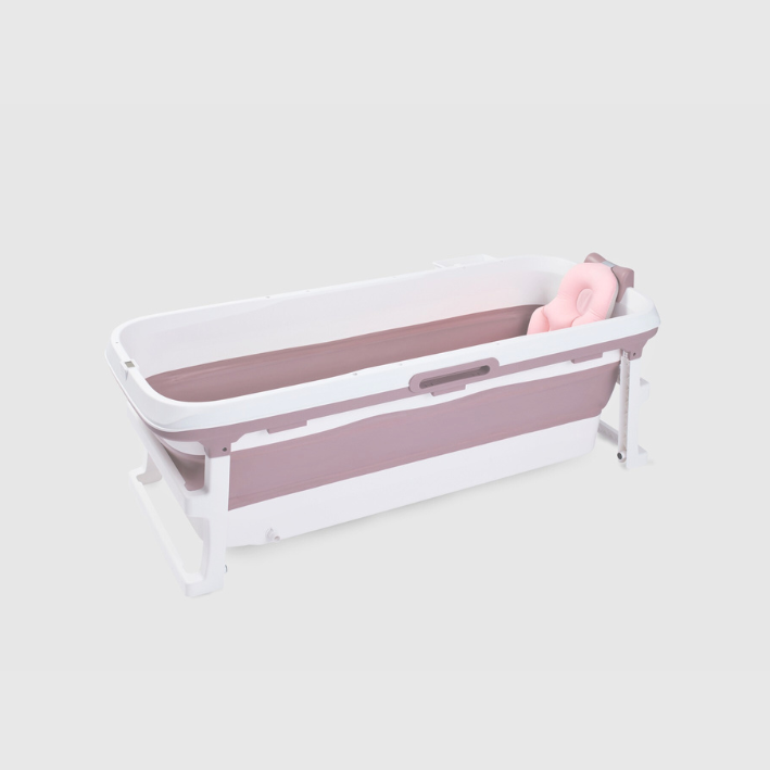 Foldebadekar til voksne - Med låg & termometer - 150cm - rosa -Bonus! 300 cm luksusslange, blå badepude samt ekstra prop inkl.
